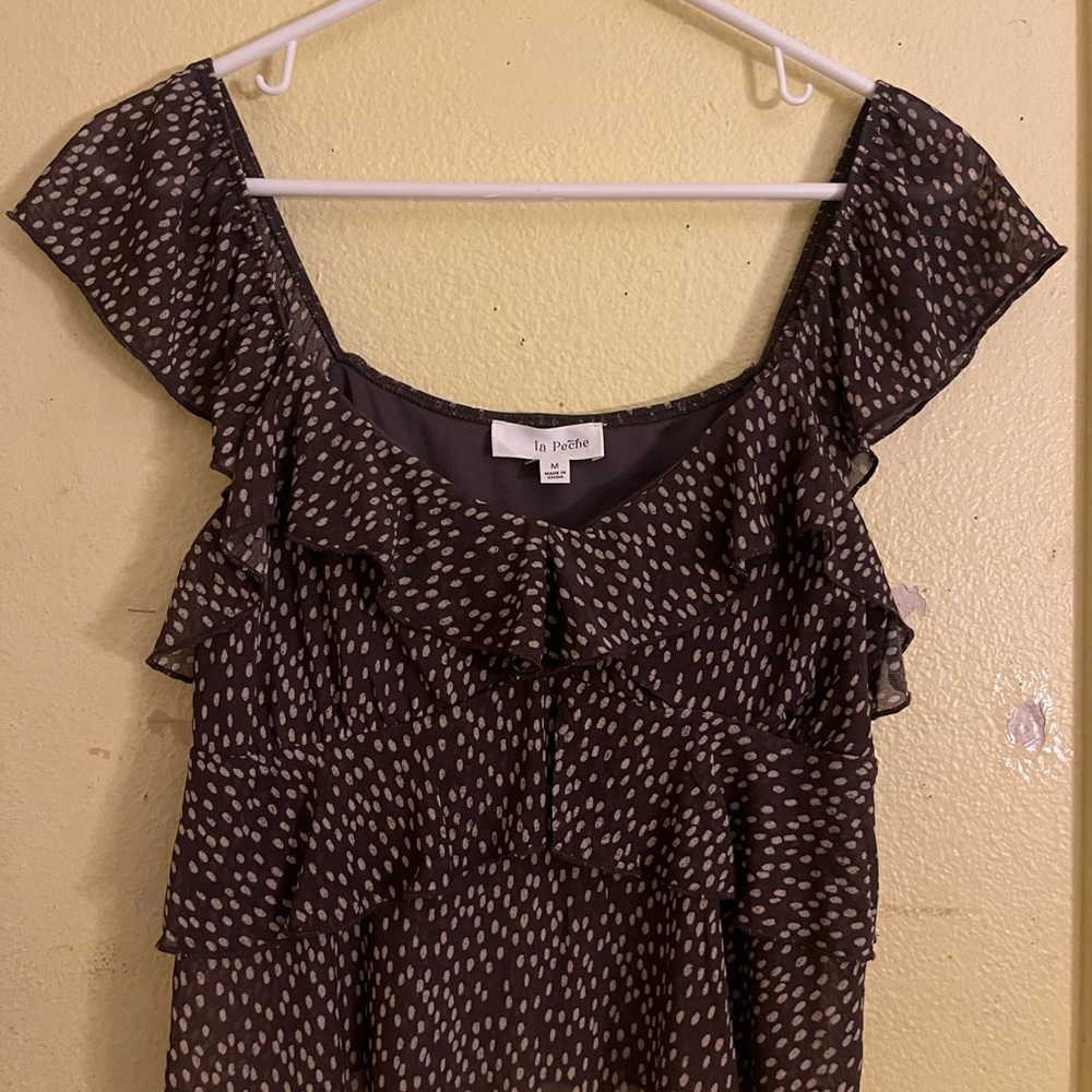 Women's Brown and White Ruffle Top